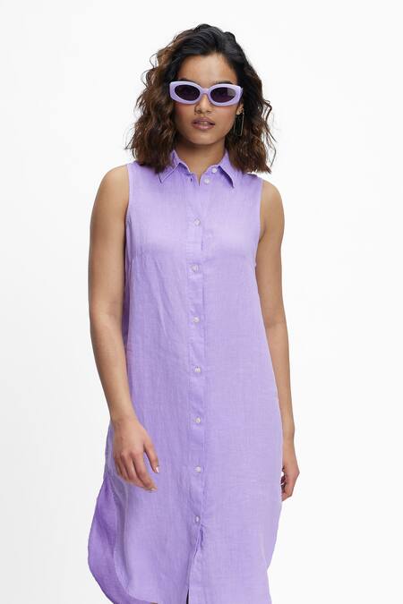 Buy_Terra Luna_Purple Linen Collared High Low Hem Shirt Dress_Online_at_Aza_Fashions
