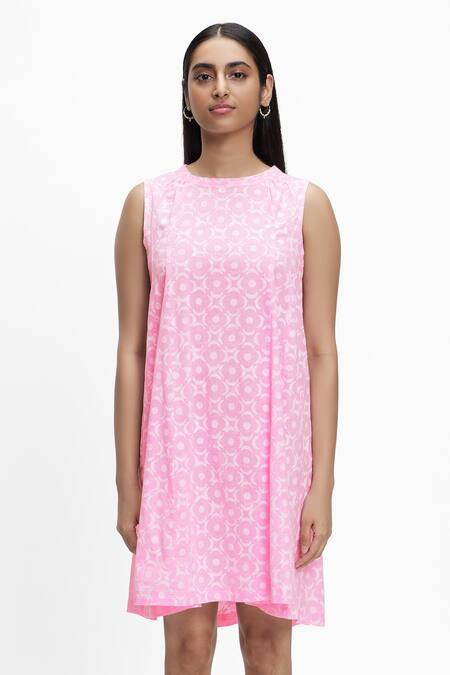 Terra Luna_Pink 100% Organic Handloom Cotton Mega Moon Bloom Round Print Sleeveless Dress_Online_at_Aza_Fashions