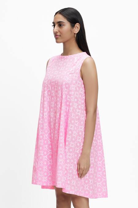 Buy_Terra Luna_Pink 100% Organic Handloom Cotton Mega Moon Bloom Round Print Sleeveless Dress_Online_at_Aza_Fashions