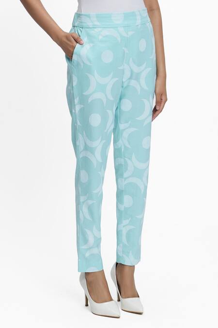 Terra Luna_Sky Blue 100% Organic Handloom Oxford Cotton Moon Chilled Out Bloom Pant_Online_at_Aza_Fashions