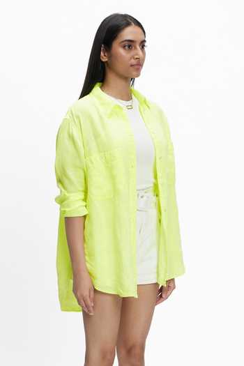 Terra Luna_Yellow Linen Plain Collared Neck Aurora Boyfriend Shirt _Online_at_Aza_Fashions