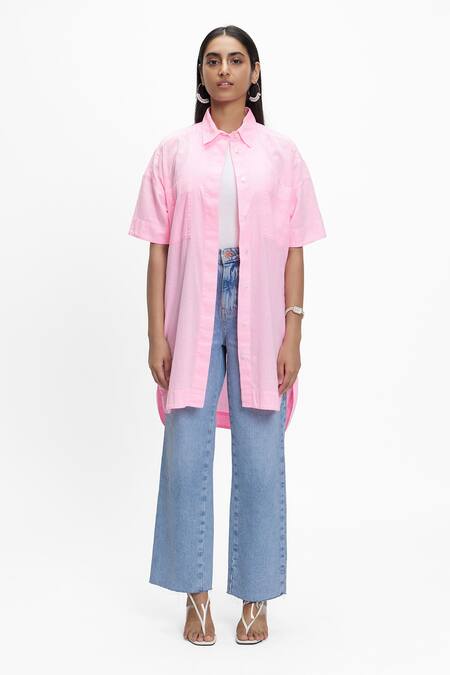Terra Luna_Pink 100% Organic Handloom Cotton Spread Collar Patch Pocket Shirt Dress_Online_at_Aza_Fashions