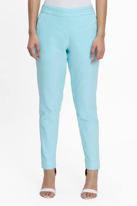 Terra Luna_Sky Blue 100% Organic Handloom Oxford Cotton Plain Chilled Out Pant_Online_at_Aza_Fashions