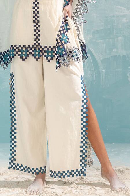 Ikai By Ragini Ahuja_Ivory Cotton Applique, Cut Work Nile High Slit Cut-work Detailing Pant_Online_at_Aza_Fashions