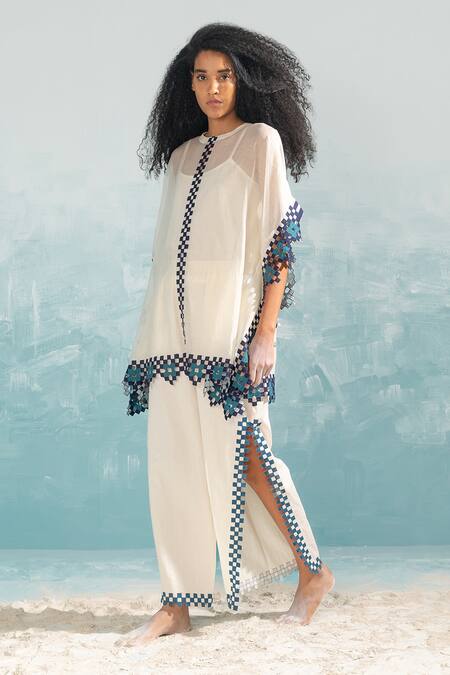 Buy_Ikai By Ragini Ahuja_Ivory Cotton Applique, Cut Work Nile High Slit Cut-work Detailing Pant_Online_at_Aza_Fashions