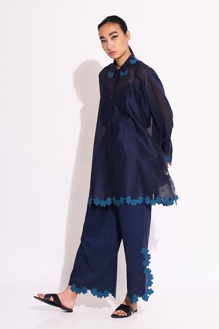 Shop_Ikai By Ragini Ahuja_Blue Tunic Silk Chanderi Slip Embroidery Embellished  _Online_at_Aza_Fashions