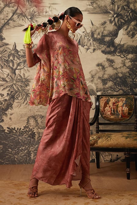 Buy_Kalista_Pink Cotton Satin, Viscose Embroidery Boat Iris Printed Tunic And Draped Skirt Set _Online_at_Aza_Fashions