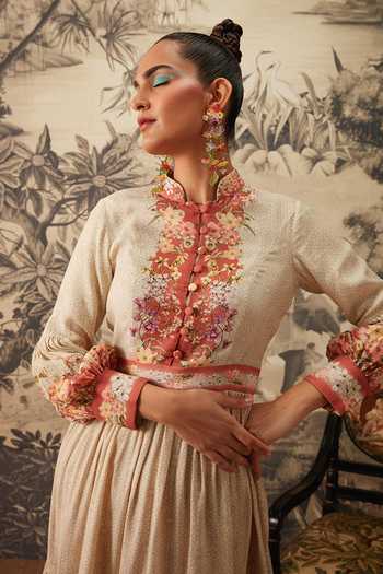 Kalista Ivory Viscose Embroidery Mandarin Collar Camellia Floral Print Skater Dress Online at Aza Fashions Kalista_Ivory Viscose Embroidery Mandarin Collar Camellia Floral Print Skater Dress _Online_at_Aza_Fashions