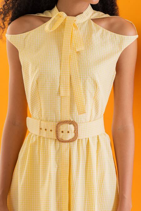 Buy_NOTEBOOK_Yellow Gingham Cutout Shirt Dress_Online_at_Aza_Fashions