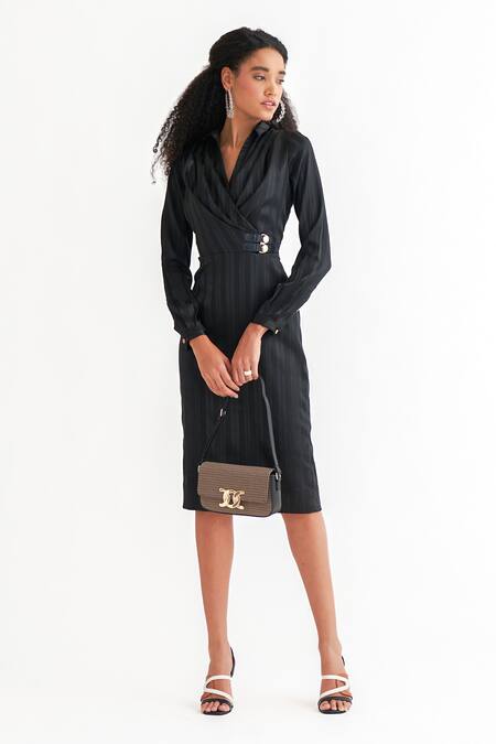 NOTEBOOK_Black Polyester Stripes Slim Collar Tisha Dress _Online_at_Aza_Fashions
