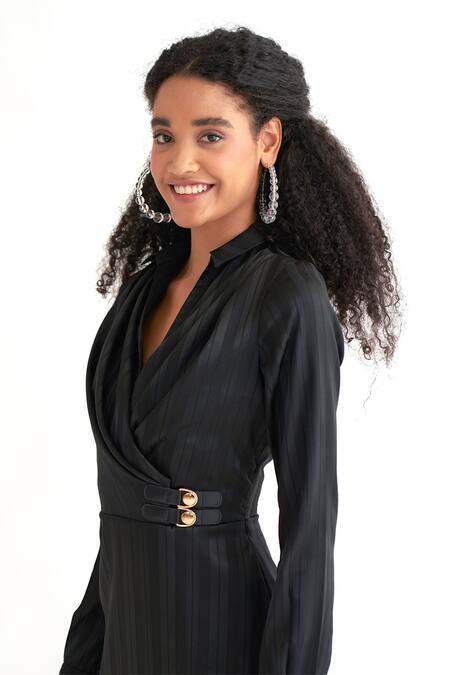 Buy_NOTEBOOK_Black Polyester Stripes Slim Collar Tisha Dress _Online_at_Aza_Fashions