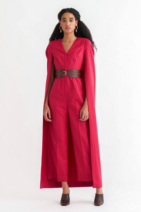 NOTEBOOK_Pink Terry Rayon Plain V Neck Robin Solid Cape Sleeve Jumpsuit _Online_at_Aza_Fashions