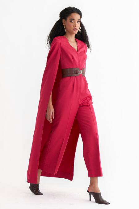 Buy_NOTEBOOK_Pink Terry Rayon Plain V Neck Robin Solid Cape Sleeve Jumpsuit _Online_at_Aza_Fashions