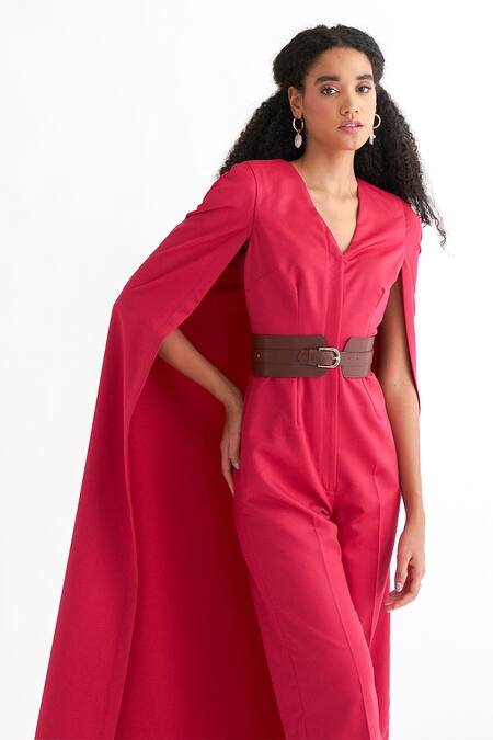 Shop_NOTEBOOK_Pink Terry Rayon Plain V Neck Robin Solid Cape Sleeve Jumpsuit _Online_at_Aza_Fashions