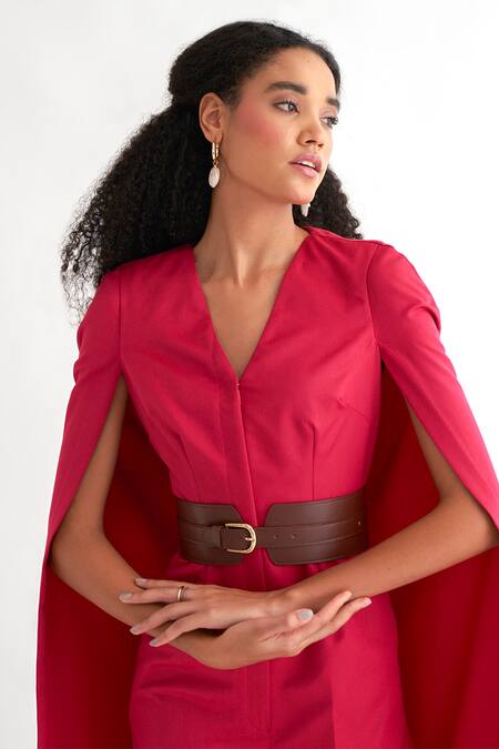 NOTEBOOK_Pink Terry Rayon Plain V Neck Robin Solid Cape Sleeve Jumpsuit _at_Aza_Fashions