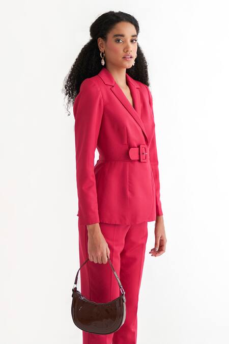 NOTEBOOK_Pink Terry Rayon Plain Notched Overlap Blazer And Pant Set _Online_at_Aza_Fashions