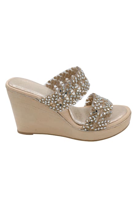 Veruschka By Payal Kothari_Gold Mirror Embroidered Toha Wedges _Online_at_Aza_Fashions
