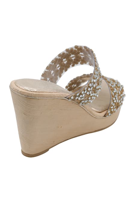 Buy_Veruschka By Payal Kothari_Gold Mirror Embroidered Toha Wedges _Online_at_Aza_Fashions