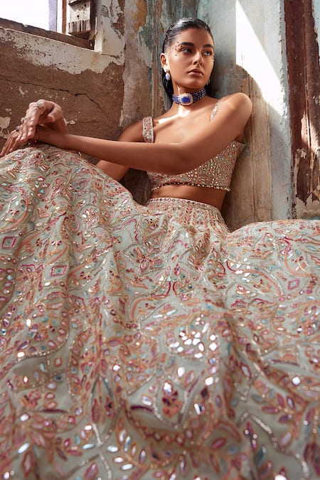 Tamanna Punjabi Kapoor Green Georgette, Crepe Mirrors, Resham And Embroidered Bridal Lehenga Set Online at Aza Fashions Tamanna Punjabi Kapoor_Green Georgette, Crepe Mirrors, Resham And Embroidered Bridal Lehenga Set _Online_at_Aza_Fashions