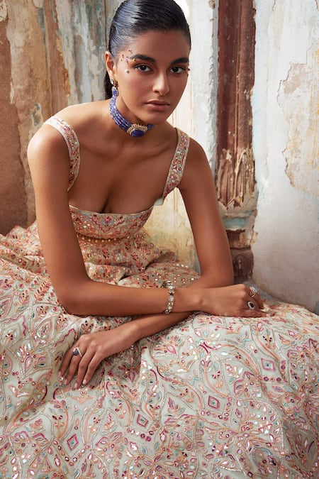 Buy Tamanna Punjabi Kapoor Green Georgette, Crepe Mirrors, Resham And Embroidered Bridal Lehenga Set Online at Aza Fashions Buy_Tamanna Punjabi Kapoor_Green Georgette, Crepe Mirrors, Resham And Embroidered Bridal Lehenga Set _Online_at_Aza_Fashions