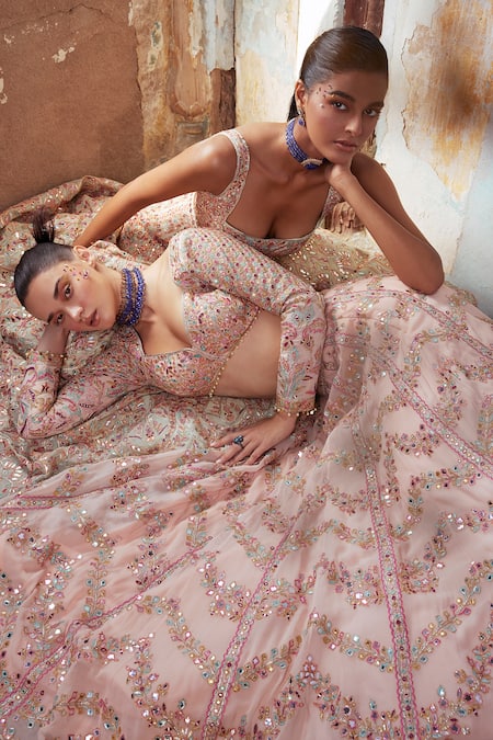 Tamanna Punjabi Kapoor Peach Georgette, Crepe Beads, Mirrors, Foil Chevron Bridal Lehenga Set Online at Aza Fashions Tamanna Punjabi Kapoor_Peach Georgette, Crepe Beads, Mirrors, Foil Chevron Bridal Lehenga Set _Online_at_Aza_Fashions