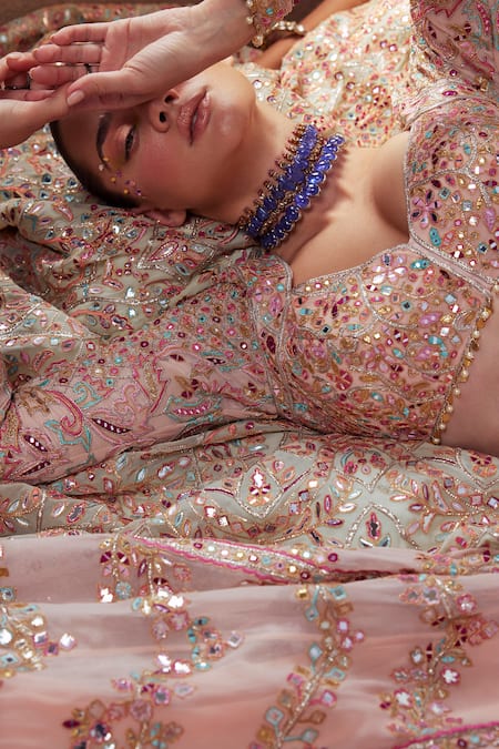 Buy Tamanna Punjabi Kapoor Peach Georgette, Crepe Beads, Mirrors, Foil Chevron Bridal Lehenga Set Online at Aza Fashions Buy_Tamanna Punjabi Kapoor_Peach Georgette, Crepe Beads, Mirrors, Foil Chevron Bridal Lehenga Set _Online_at_Aza_Fashions