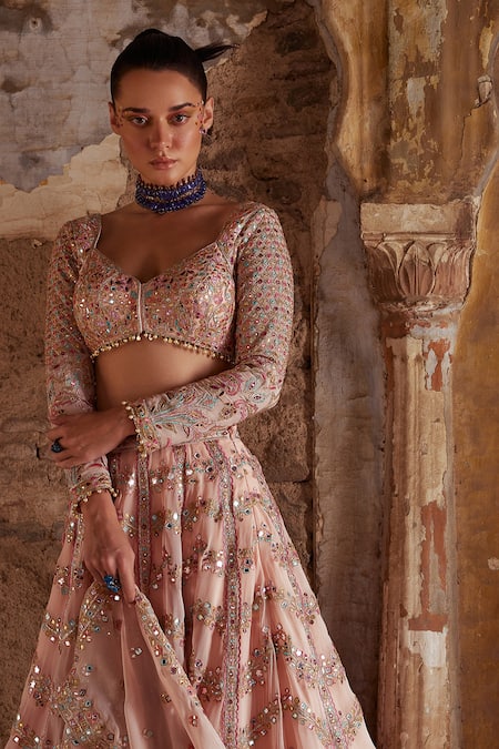 Shop Tamanna Punjabi Kapoor Peach Georgette, Crepe Beads, Mirrors, Foil Chevron Bridal Lehenga Set Online at Aza Fashions Shop_Tamanna Punjabi Kapoor_Peach Georgette, Crepe Beads, Mirrors, Foil Chevron Bridal Lehenga Set _Online_at_Aza_Fashions