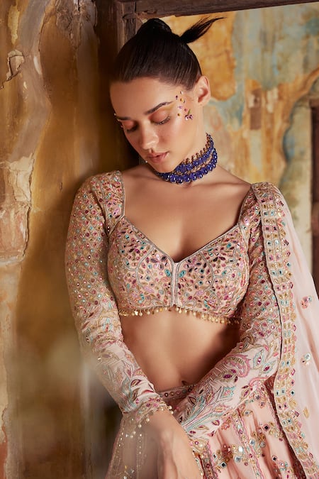 Tamanna Punjabi Kapoor Peach Georgette, Crepe Beads, Mirrors, Foil Chevron Bridal Lehenga Set at Aza Fashions Tamanna Punjabi Kapoor_Peach Georgette, Crepe Beads, Mirrors, Foil Chevron Bridal Lehenga Set _at_Aza_Fashions