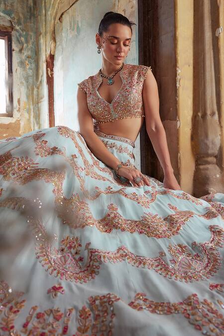 Shop Tamanna Punjabi Kapoor Blue Georgette, Crepe Sequins, Beads, Embroidery Floral Resham Lehenga Set Online at Aza Fashions Shop_Tamanna Punjabi Kapoor_Blue Georgette, Crepe Sequins, Beads, Embroidery Floral Resham Lehenga Set _Online_at_Aza_Fashions
