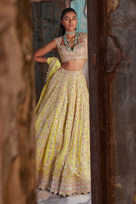 Tamanna Punjabi Kapoor_Yellow Georgette, Crepe Embroidery, Sequins Dori And Resham Bridal Lehenga Set _Online_at_Aza_Fashions