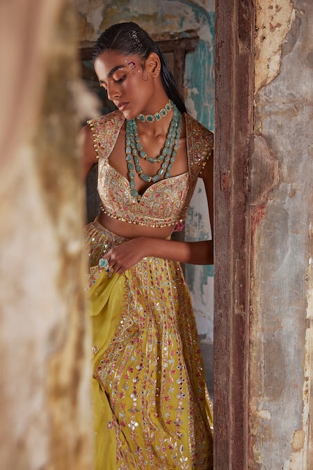 Buy_Tamanna Punjabi Kapoor_Yellow Georgette, Crepe Embroidery, Sequins Dori And Resham Bridal Lehenga Set _Online_at_Aza_Fashions