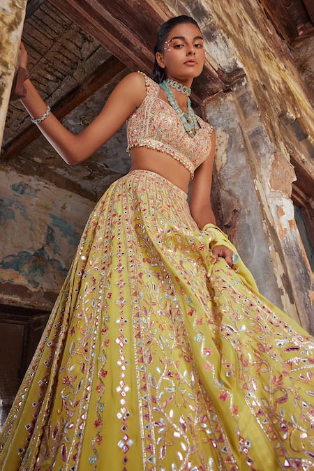Shop_Tamanna Punjabi Kapoor_Yellow Georgette, Crepe Embroidery, Sequins Dori And Resham Bridal Lehenga Set _Online_at_Aza_Fashions
