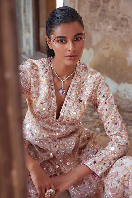 Tamanna Punjabi Kapoor_Peach Georgette, Crepe Gota Patti, Mirrors, Embroidery Floral Resham Kurta Set _Online_at_Aza_Fashions