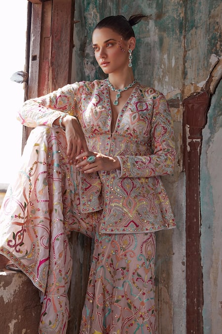 Tamanna Punjabi Kapoor_Pink Georgette, Crepe Mirrors, Embroidery, Foil Mandala Resham Kurta Set _Online_at_Aza_Fashions