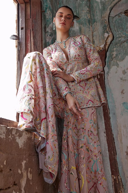 Buy_Tamanna Punjabi Kapoor_Pink Georgette, Crepe Mirrors, Embroidery, Foil Mandala Resham Kurta Set _Online_at_Aza_Fashions