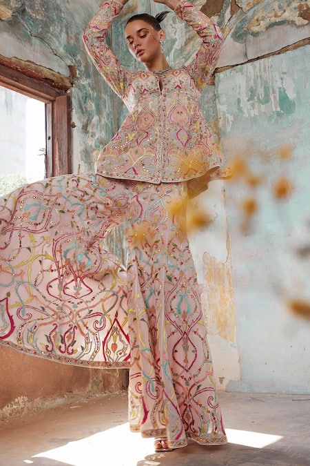 Tamanna Punjabi Kapoor_Pink Georgette, Crepe Mirrors, Embroidery, Foil Mandala Resham Kurta Set _at_Aza_Fashions