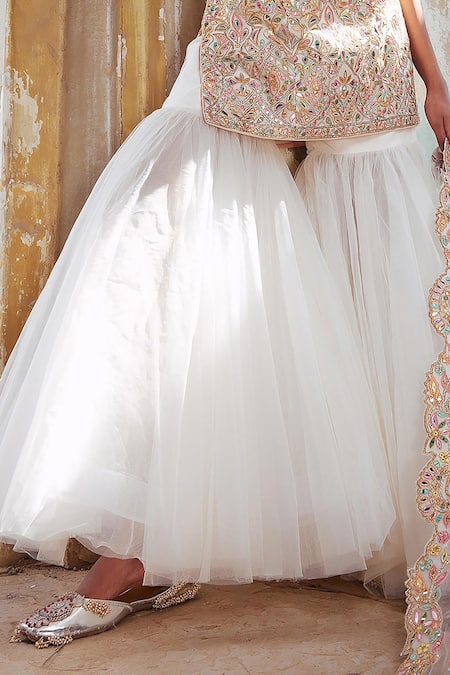 Tamanna Punjabi Kapoor_Ivory Net, Crepe Embroidery Halter Neck Resham Kurta Gharara Set _Online_at_Aza_Fashions