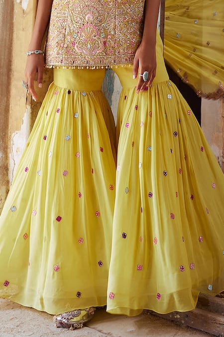 Buy Tamanna Punjabi Kapoor Yellow Georgette, Crepe Gota Patti, Embroidery, Resham And Abla Kurta Gharara Set Online at Aza Fashions Buy_Tamanna Punjabi Kapoor_Yellow Georgette, Crepe Gota Patti, Embroidery, Resham And Abla Kurta Gharara Set _Online_at_Aza_Fashions