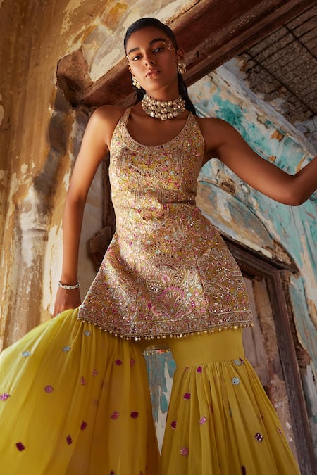 Tamanna Punjabi Kapoor Yellow Georgette, Crepe Gota Patti, Embroidery, Resham And Abla Kurta Gharara Set Online at Aza Fashions Tamanna Punjabi Kapoor_Yellow Georgette, Crepe Gota Patti, Embroidery, Resham And Abla Kurta Gharara Set _Online_at_Aza_Fashions