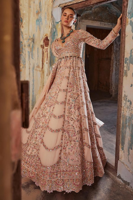 Tamanna Punjabi Kapoor Peach Georgette, Crepe Embroidery, Gota Patti, Resham And Anarkali With Dupatta Online at Aza Fashions Tamanna Punjabi Kapoor_Peach Georgette, Crepe Embroidery, Gota Patti, Resham And Anarkali With Dupatta _Online_at_Aza_Fashions