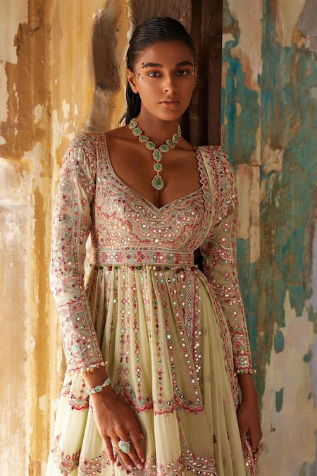 Tamanna Punjabi Kapoor_Green Georgette, Crepe Embroidery, Crystals, Resham And Anarkali With Dupatta _Online_at_Aza_Fashions