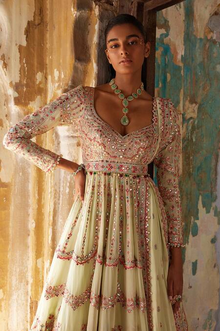 Buy_Tamanna Punjabi Kapoor_Green Georgette, Crepe Embroidery, Crystals, Resham And Anarkali With Dupatta _Online_at_Aza_Fashions