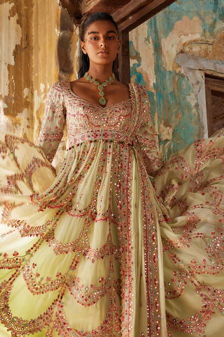 Shop_Tamanna Punjabi Kapoor_Green Georgette, Crepe Embroidery, Crystals, Resham And Anarkali With Dupatta _Online_at_Aza_Fashions