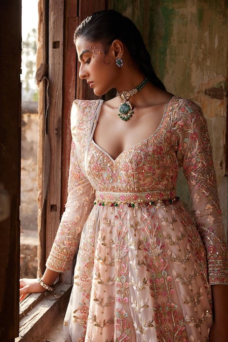 Buy_Tamanna Punjabi Kapoor_Peach Georgette, Chanderi, Crepe Embroidery, Flower Vine Anarkali With Dupatta _Online_at_Aza_Fashions