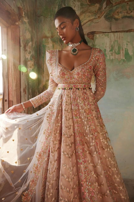 Shop_Tamanna Punjabi Kapoor_Peach Georgette, Chanderi, Crepe Embroidery, Flower Vine Anarkali With Dupatta _Online_at_Aza_Fashions