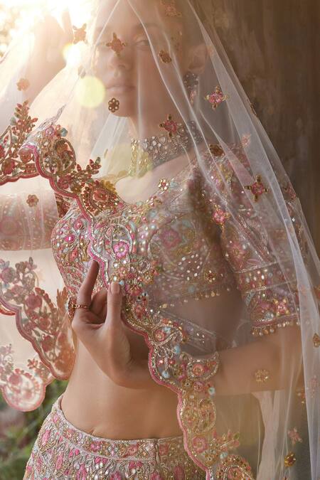 Tamanna Punjabi Kapoor Ivory Net, Crepe Embroidery, Gota Patti, And Resham Cluster Bridal Lehenga Set Online at Aza Fashions Tamanna Punjabi Kapoor_Ivory Net, Crepe Embroidery, Gota Patti, And Resham Cluster Bridal Lehenga Set _Online_at_Aza_Fashions