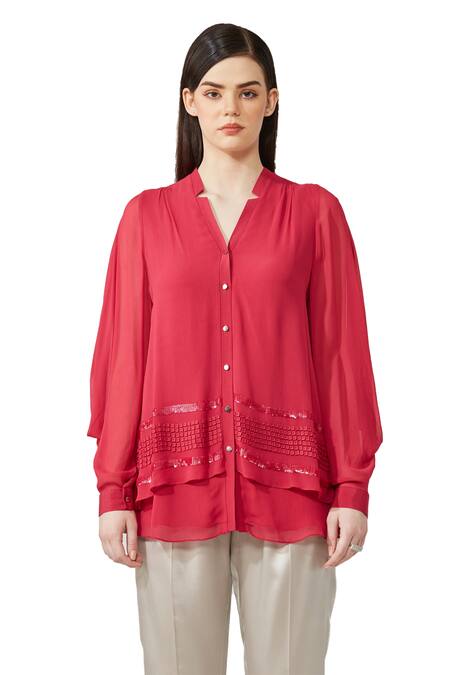 Buy Rohit Gandhi + Rahul Khanna Pink Silk Georgette Embellished Sequin V Neck Swing Top Online at Aza Fashions Buy_Rohit Gandhi + Rahul Khanna_Pink Silk Georgette Embellished Sequin V Neck Swing Top _Online_at_Aza_Fashions
