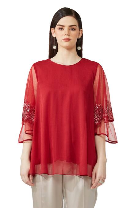 Buy_Rohit Gandhi + Rahul Khanna_Maroon Silk, Chiffon Sequins, Beads Round Neck Sleeve Embellished Top _Online_at_Aza_Fashions