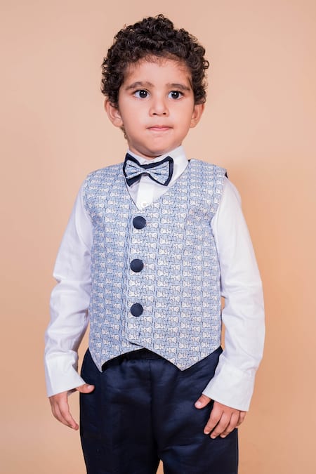 Toplove_White Cotton Sky Blue Elephant Print Waistcoat Set _Online_at_Aza_Fashions