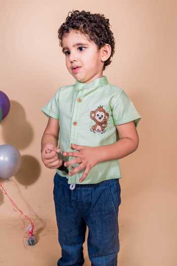 Buy_Toplove_Green Cotton Embroidery Monkey Shirt _Online_at_Aza_Fashions